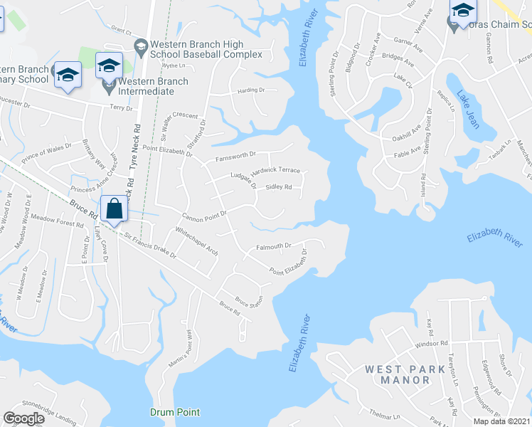 map of restaurants, bars, coffee shops, grocery stores, and more near 3720 Cannon Point Drive in Chesapeake