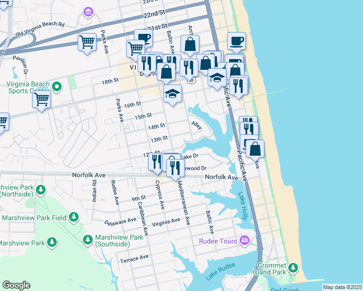 map of restaurants, bars, coffee shops, grocery stores, and more near 523 Lakewood Circle in Virginia Beach
