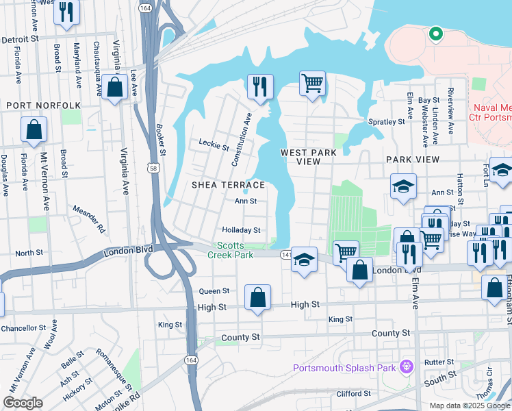 map of restaurants, bars, coffee shops, grocery stores, and more near 1913 Ann Street in Portsmouth