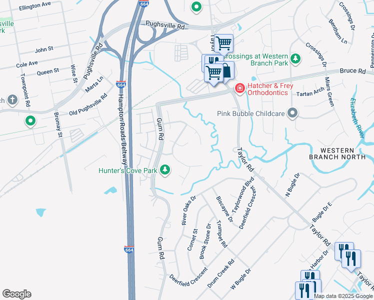 map of restaurants, bars, coffee shops, grocery stores, and more near 4509 Browning Circle in Chesapeake