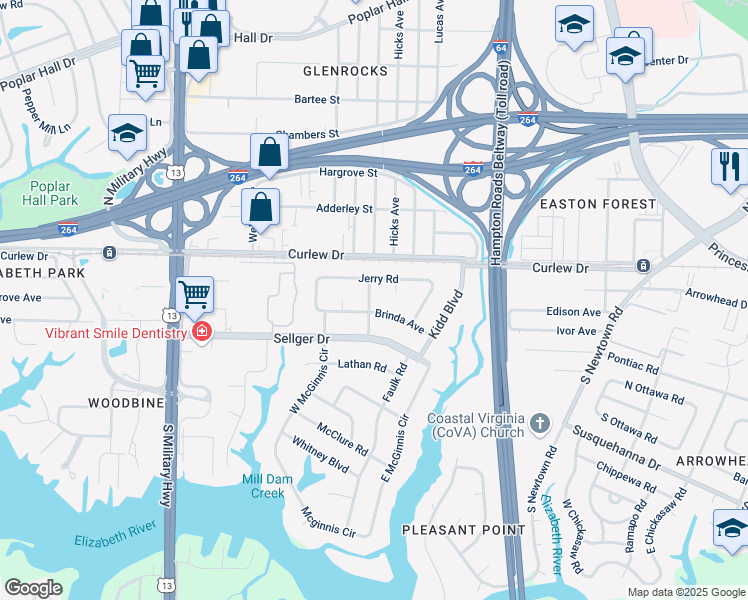 map of restaurants, bars, coffee shops, grocery stores, and more near 110 Lydia Avenue in Norfolk