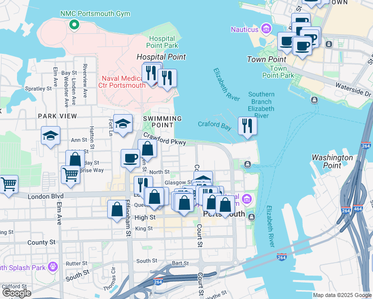 map of restaurants, bars, coffee shops, grocery stores, and more near 415 Waverly Blvd in Portsmouth
