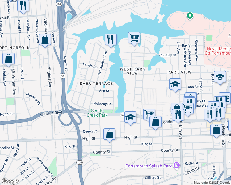 map of restaurants, bars, coffee shops, grocery stores, and more near 225 Chesapeake Avenue in Portsmouth