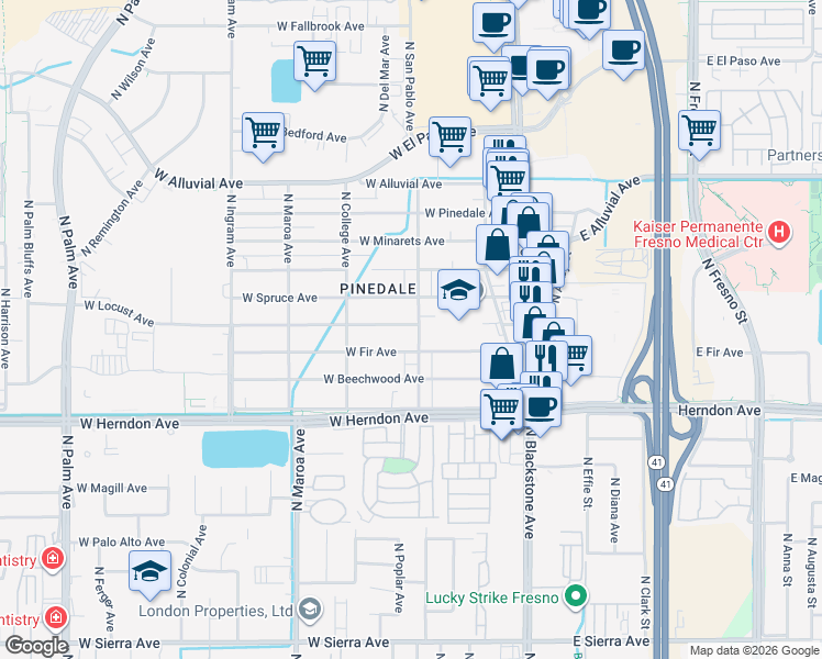 map of restaurants, bars, coffee shops, grocery stores, and more near 7137 North San Pablo Avenue in Fresno