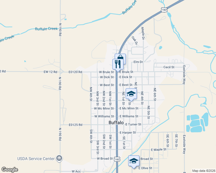 map of restaurants, bars, coffee shops, grocery stores, and more near 518 Northwest 1st Street in Buffalo