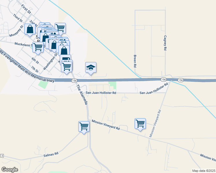 map of restaurants, bars, coffee shops, grocery stores, and more near 277 Copperleaf Lane in San Juan Bautista