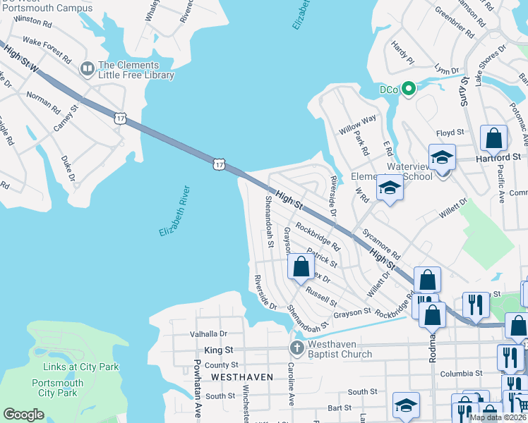 map of restaurants, bars, coffee shops, grocery stores, and more near 418 Shenandoah Street in Portsmouth