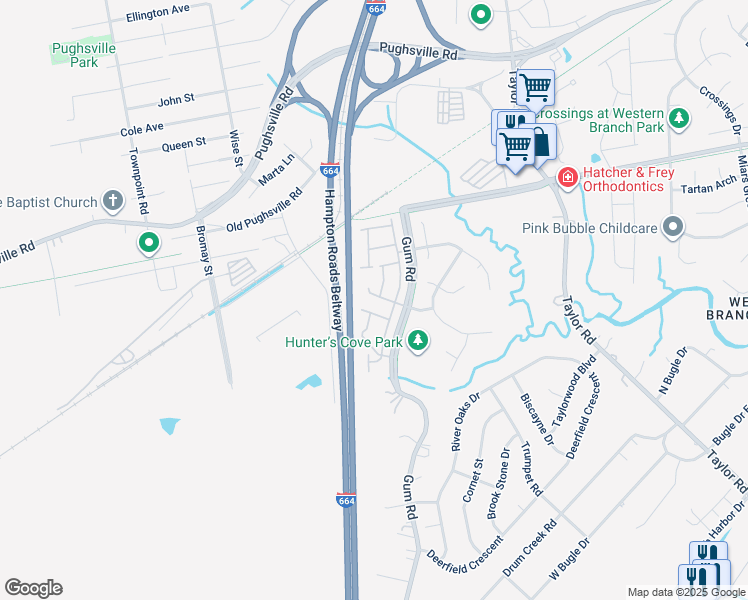 map of restaurants, bars, coffee shops, grocery stores, and more near 4621 Hunting Wood Road in Chesapeake