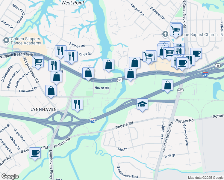 map of restaurants, bars, coffee shops, grocery stores, and more near 212 North Lynnriver Drive in Virginia Beach