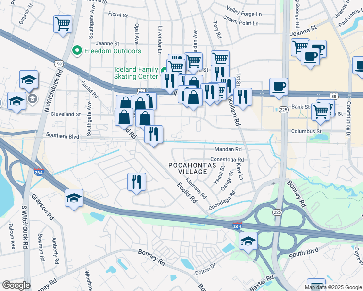 map of restaurants, bars, coffee shops, grocery stores, and more near 4928 Mandan Road in Virginia Beach