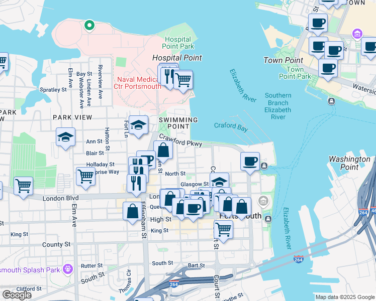 map of restaurants, bars, coffee shops, grocery stores, and more near 309 Worthington Square in Portsmouth