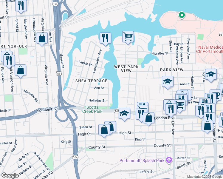 map of restaurants, bars, coffee shops, grocery stores, and more near 225 Chesapeake Avenue in Portsmouth