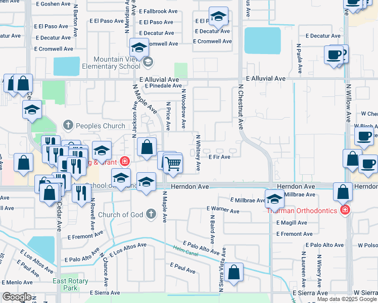 map of restaurants, bars, coffee shops, grocery stores, and more near 7147 North Whitney Avenue in Fresno