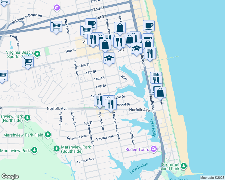 map of restaurants, bars, coffee shops, grocery stores, and more near 527 12th Street in Virginia Beach