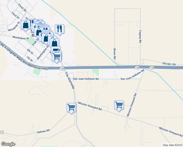 map of restaurants, bars, coffee shops, grocery stores, and more near 277 Copperleaf Lane in San Juan Bautista