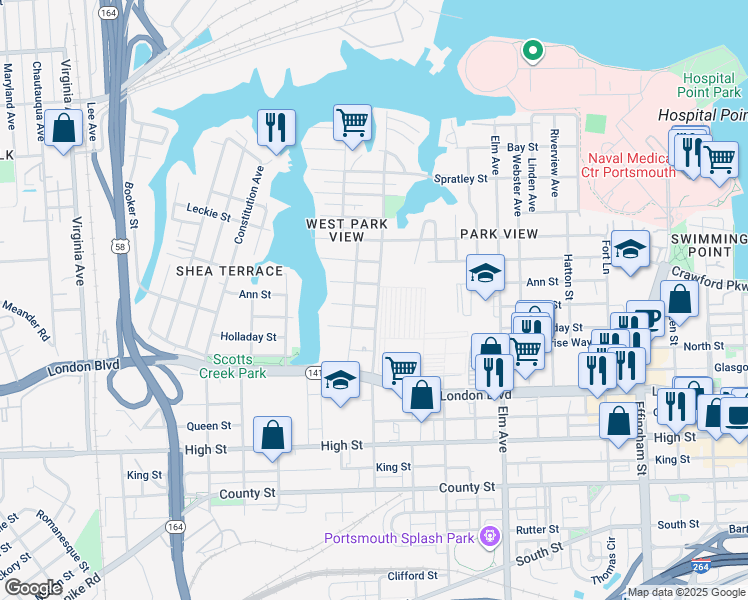 map of restaurants, bars, coffee shops, grocery stores, and more near 1600 Bain Street in Portsmouth