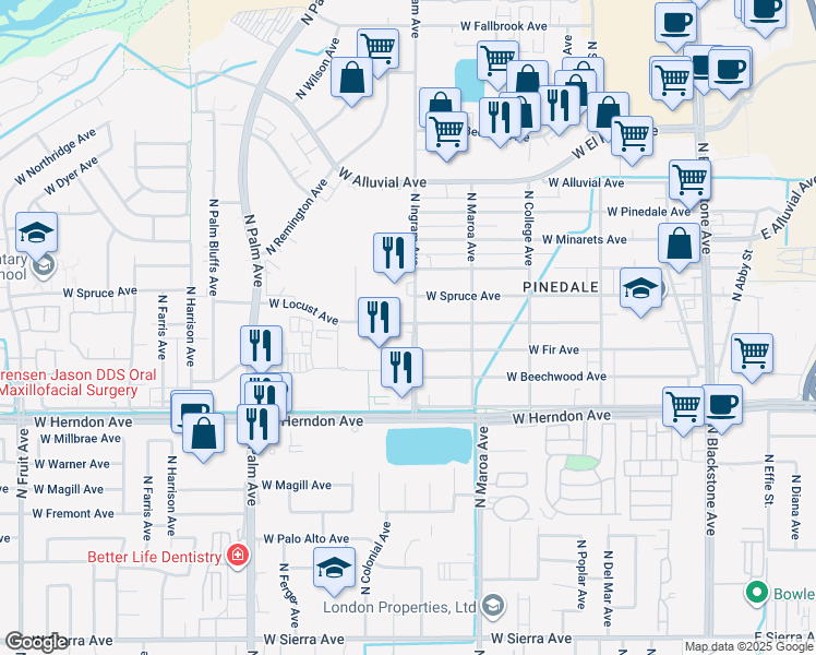 map of restaurants, bars, coffee shops, grocery stores, and more near 501 West Locust Avenue in Fresno