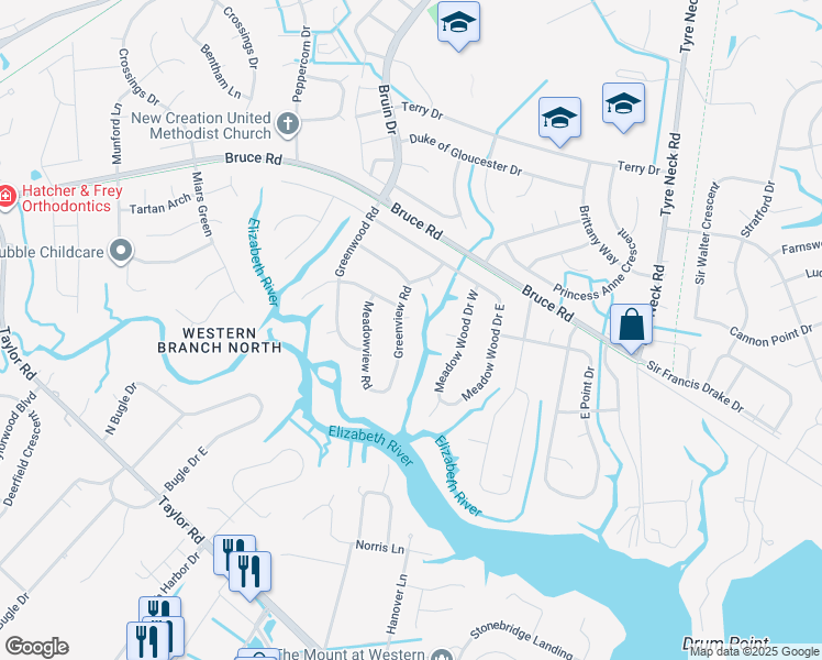 map of restaurants, bars, coffee shops, grocery stores, and more near 2849 Greenview Road in Chesapeake