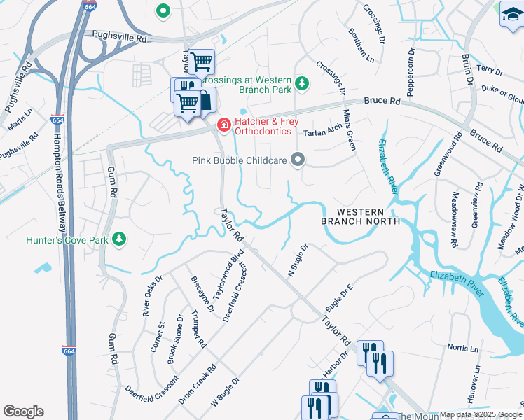 map of restaurants, bars, coffee shops, grocery stores, and more near 3204 Duquesne Dr in Chesapeake