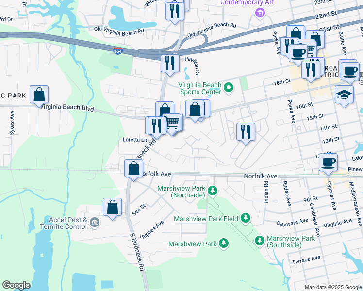 map of restaurants, bars, coffee shops, grocery stores, and more near 1008 River Birch Court in Virginia Beach