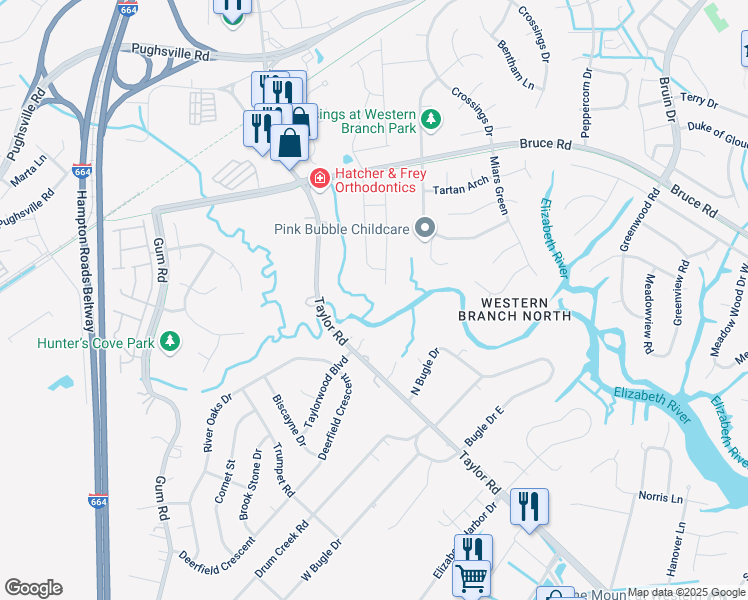 map of restaurants, bars, coffee shops, grocery stores, and more near 3204 Duquesne Dr in Chesapeake