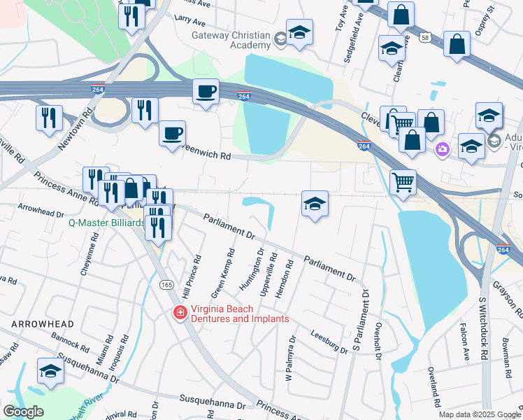 map of restaurants, bars, coffee shops, grocery stores, and more near 130 Loflin Way in Virginia Beach