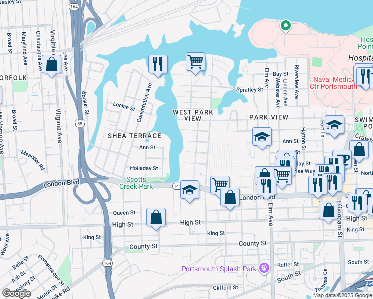 map of restaurants, bars, coffee shops, grocery stores, and more near 1716 Bain Street in Portsmouth