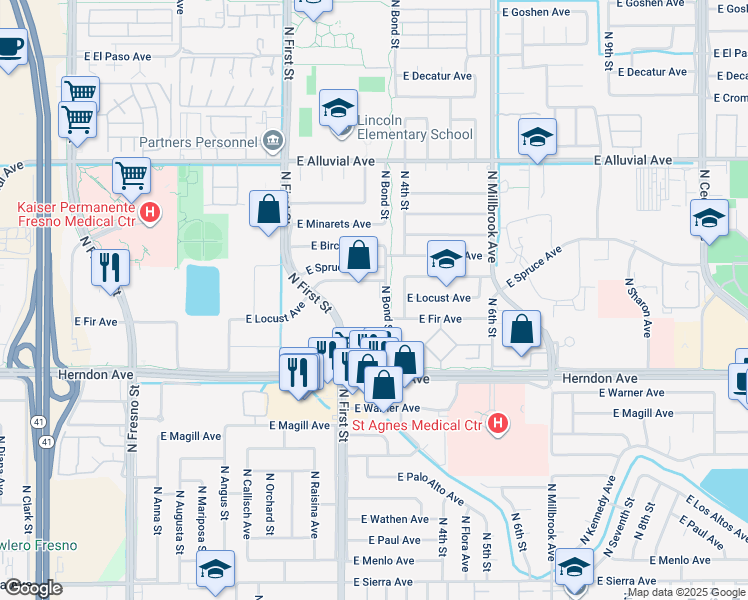 map of restaurants, bars, coffee shops, grocery stores, and more near 7170 North Financial Drive in Fresno