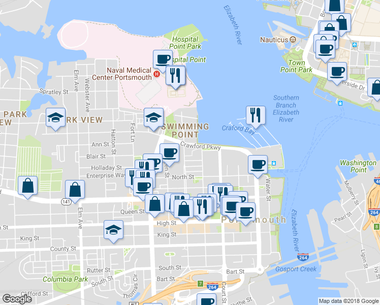 map of restaurants, bars, coffee shops, grocery stores, and more near 307 Worthington Square in Portsmouth