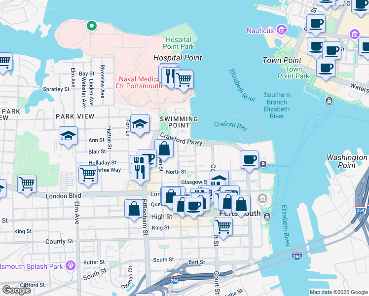 map of restaurants, bars, coffee shops, grocery stores, and more near 309 Worthington Square in Portsmouth