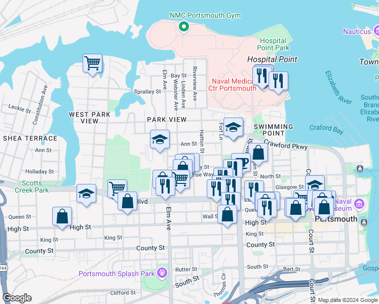 map of restaurants, bars, coffee shops, grocery stores, and more near 1038 Blair Street in Portsmouth