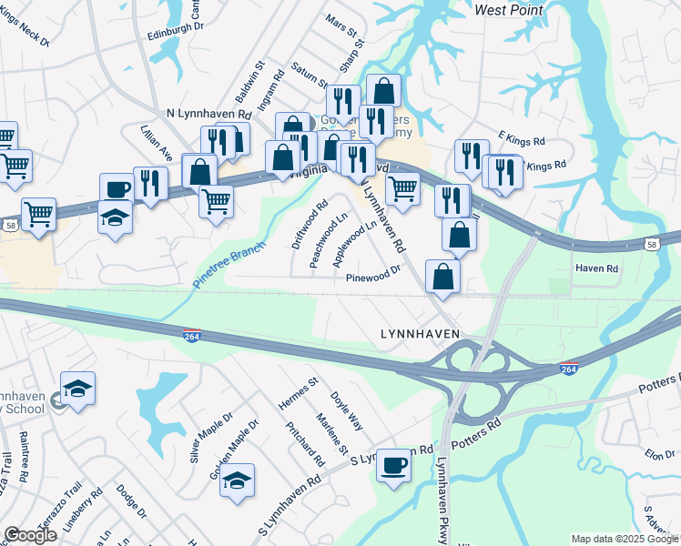 map of restaurants, bars, coffee shops, grocery stores, and more near 2840 Pinewood Drive in Virginia Beach