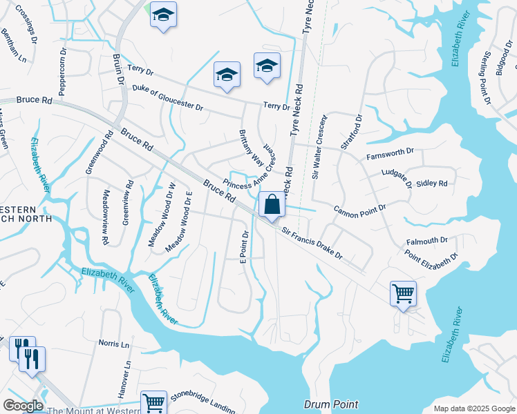 map of restaurants, bars, coffee shops, grocery stores, and more near 4212 Bruce Road in Chesapeake