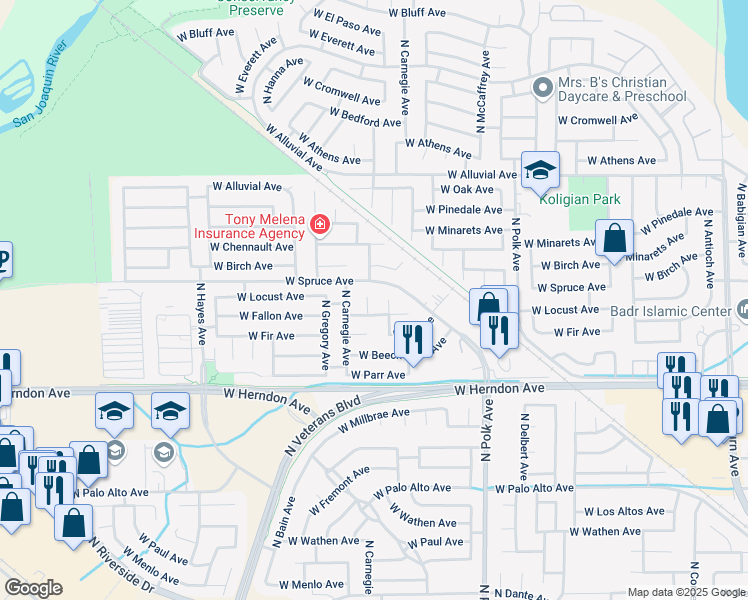map of restaurants, bars, coffee shops, grocery stores, and more near 7187 North Ivanhoe Avenue in Fresno
