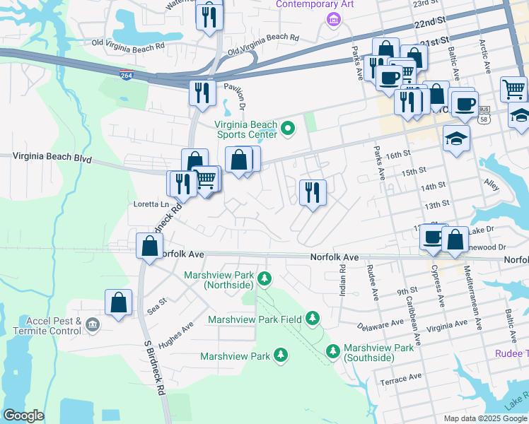 map of restaurants, bars, coffee shops, grocery stores, and more near 1013 Coastaway Dr in Virginia Beach