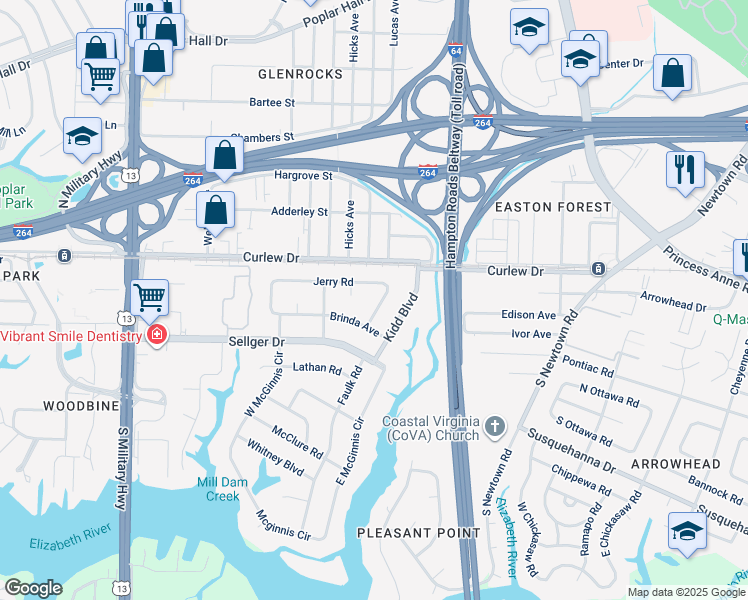 map of restaurants, bars, coffee shops, grocery stores, and more near 113 Effie Avenue in Norfolk