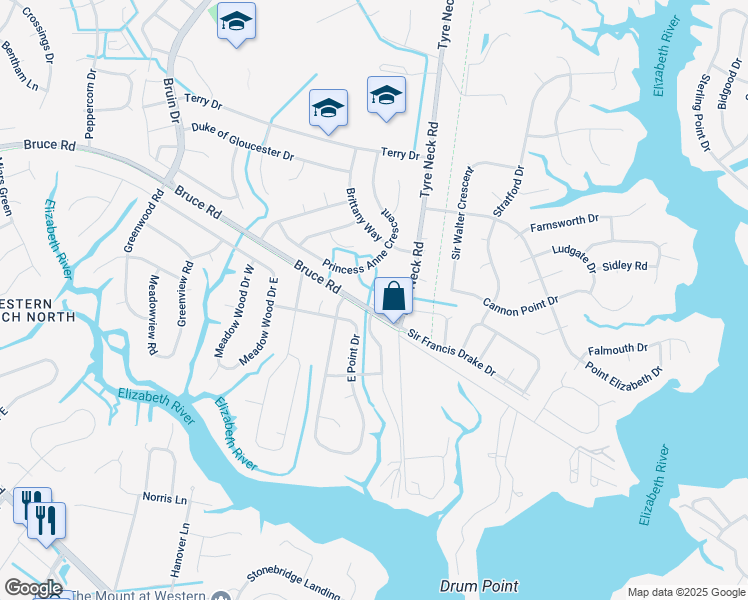 map of restaurants, bars, coffee shops, grocery stores, and more near 4212 Bruce Road in Chesapeake