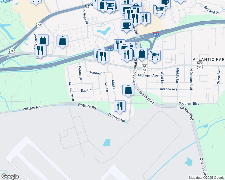 map of restaurants, bars, coffee shops, grocery stores, and more near 133 Matt Lane in Virginia Beach