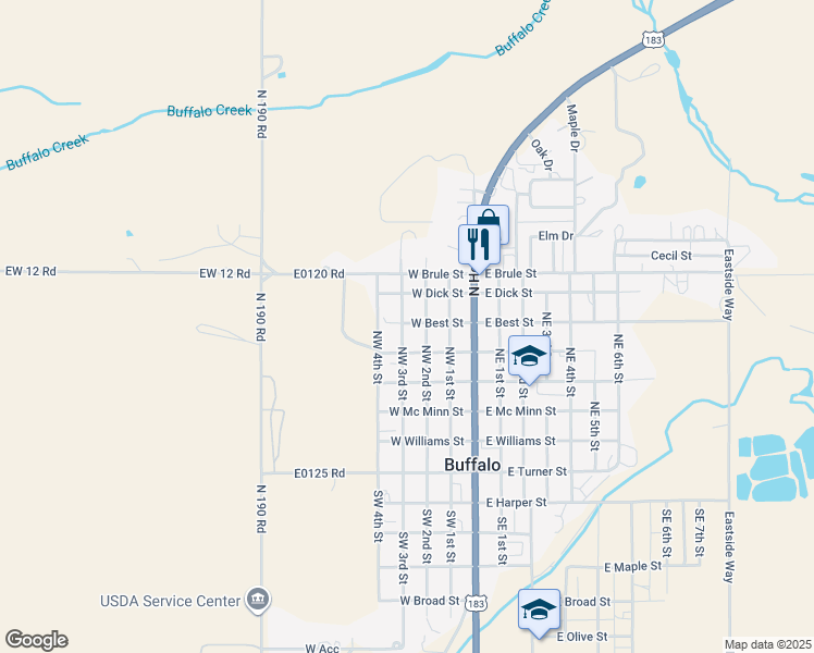 map of restaurants, bars, coffee shops, grocery stores, and more near 519 Southwest 3rd Street in Buffalo