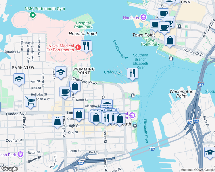 map of restaurants, bars, coffee shops, grocery stores, and more near 153 Crawford Parkway in Portsmouth