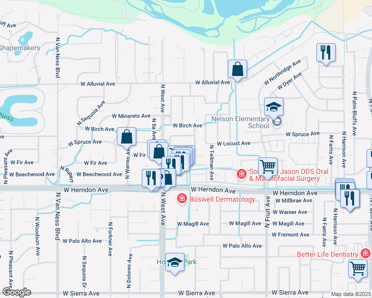 map of restaurants, bars, coffee shops, grocery stores, and more near 1721 West Locust Avenue in Fresno