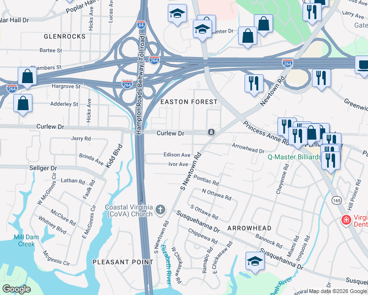 map of restaurants, bars, coffee shops, grocery stores, and more near 6135 Newark Avenue in Norfolk