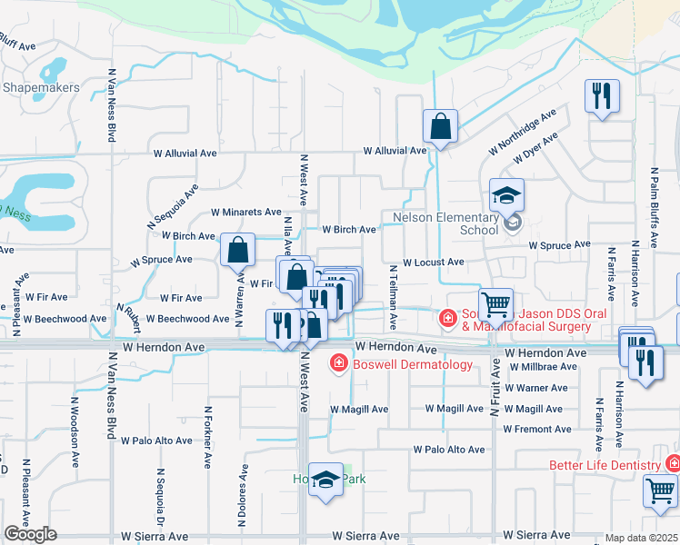 map of restaurants, bars, coffee shops, grocery stores, and more near 1721 West Locust Avenue in Fresno