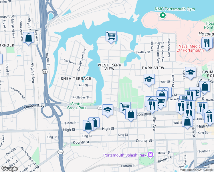 map of restaurants, bars, coffee shops, grocery stores, and more near 1712 Bain Street in Portsmouth