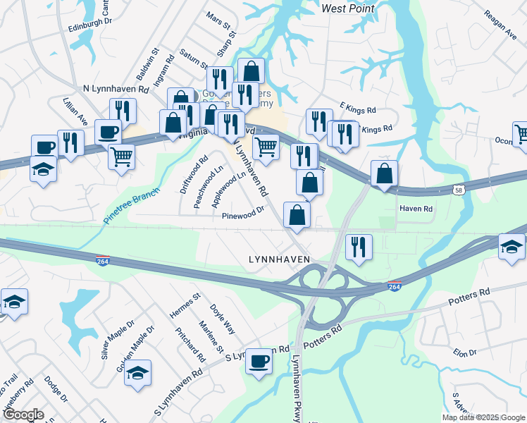 map of restaurants, bars, coffee shops, grocery stores, and more near 2805 Pinewood Drive in Virginia Beach