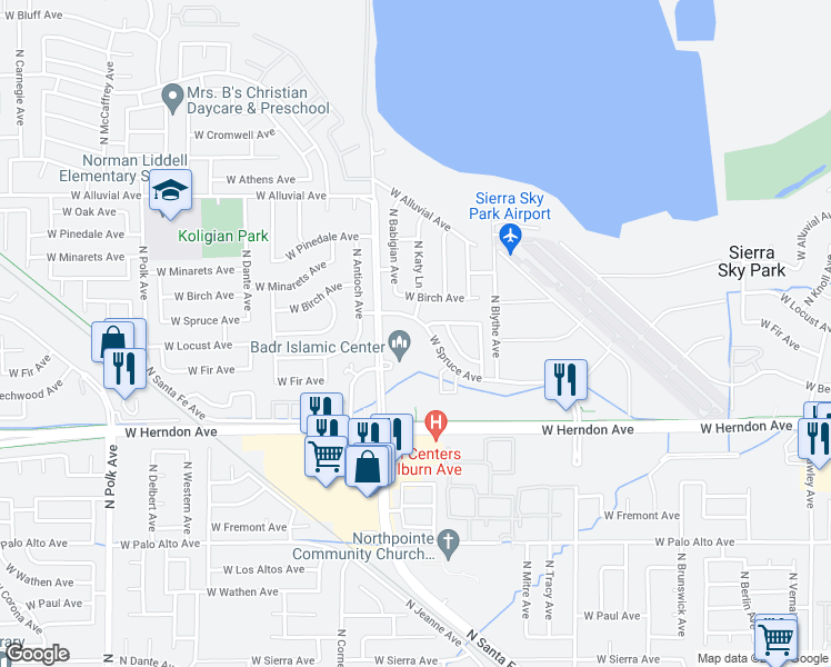 map of restaurants, bars, coffee shops, grocery stores, and more near 4741 West Spruce Avenue in Fresno