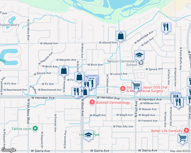 map of restaurants, bars, coffee shops, grocery stores, and more near 1721 West Locust Avenue in Fresno
