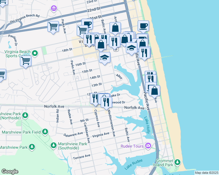 map of restaurants, bars, coffee shops, grocery stores, and more near 523 Lakewood Circle in Virginia Beach