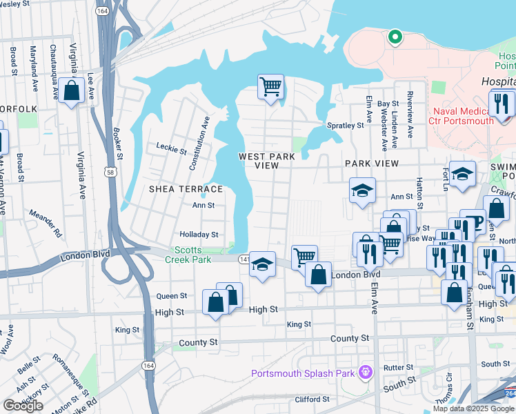 map of restaurants, bars, coffee shops, grocery stores, and more near 1716 Bain Street in Portsmouth