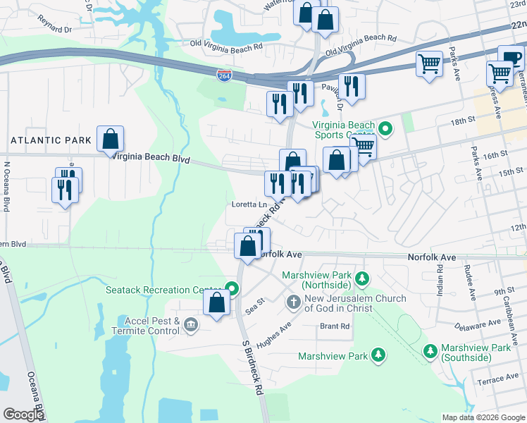 map of restaurants, bars, coffee shops, grocery stores, and more near 145 North Birdneck Road in Virginia Beach